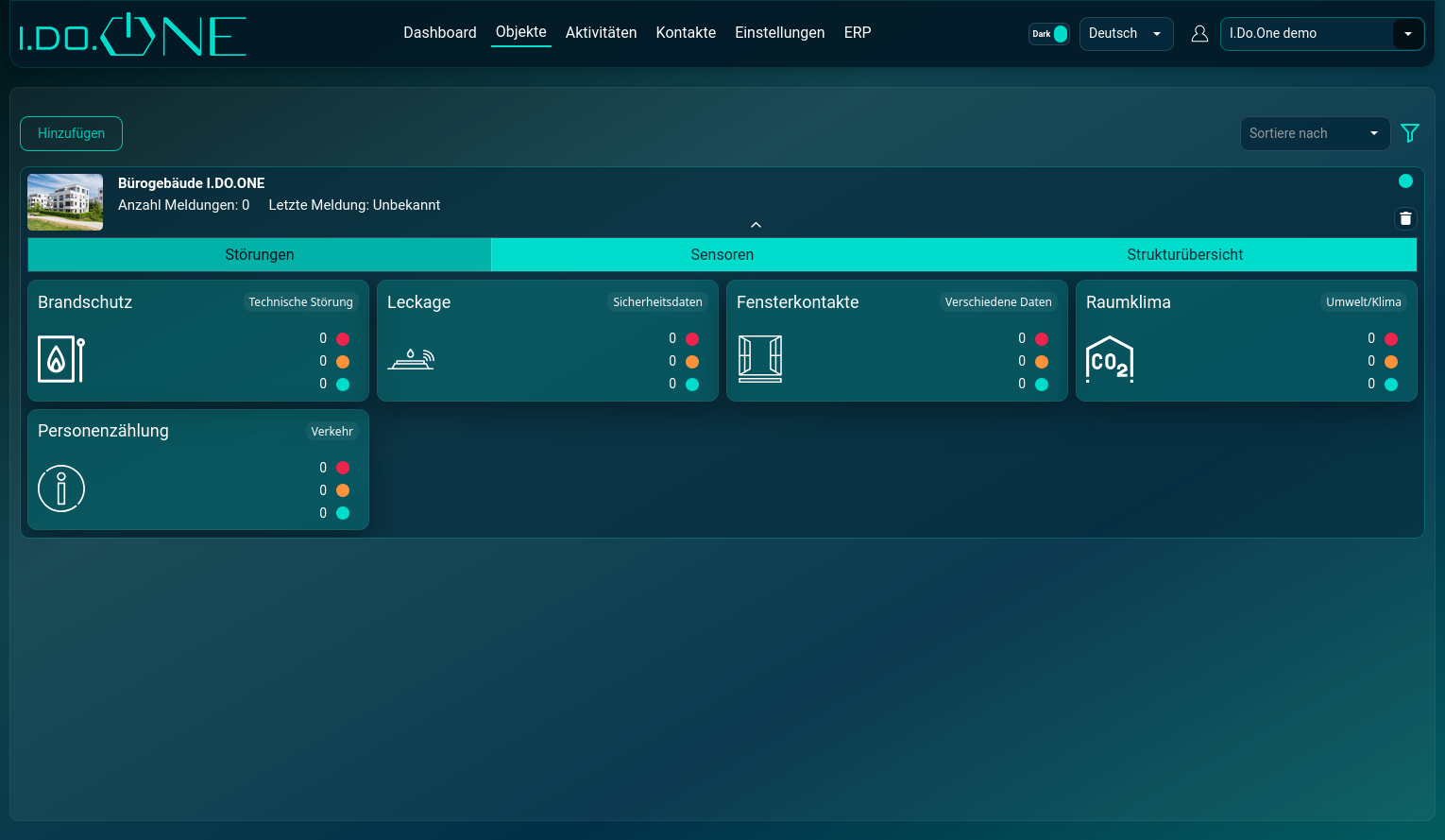 I.DO.ONE Dashboard – Objektübersicht und Sensorzustände