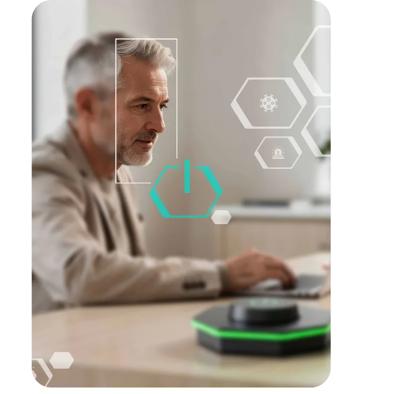 Büroumgebung mit I.DO.ONE Monitoring und Sensor-Datenübersicht